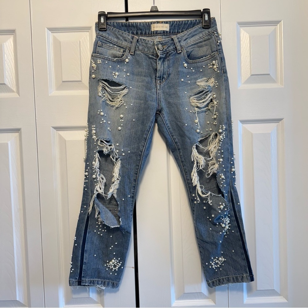 One dress One love Distressed Blue Jeans with Pearl Accents, Size 26-27